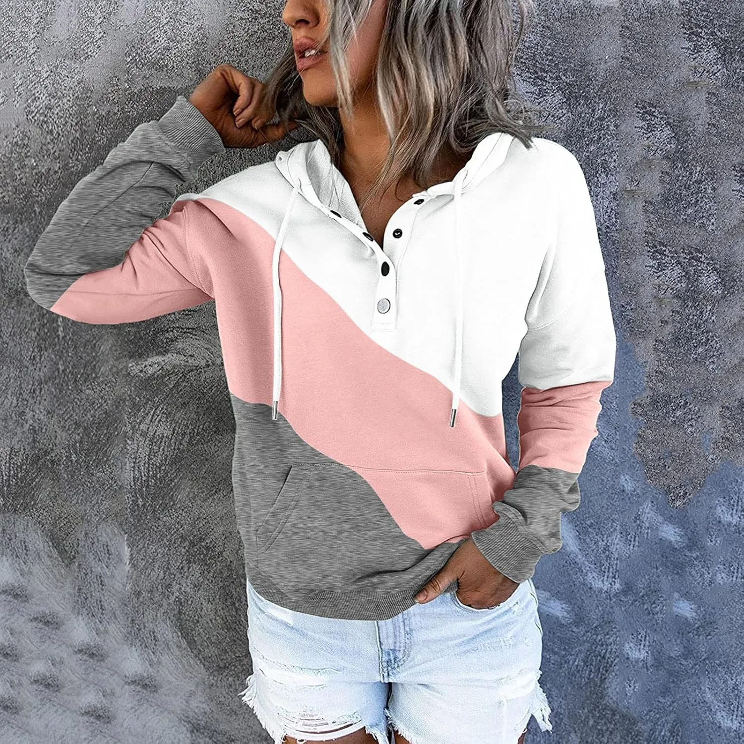 Women's Casual Long Sleeve Hoodies Color Block Button Down Hooded Drawstring Pullover Sweatshirt Tops with Pocket