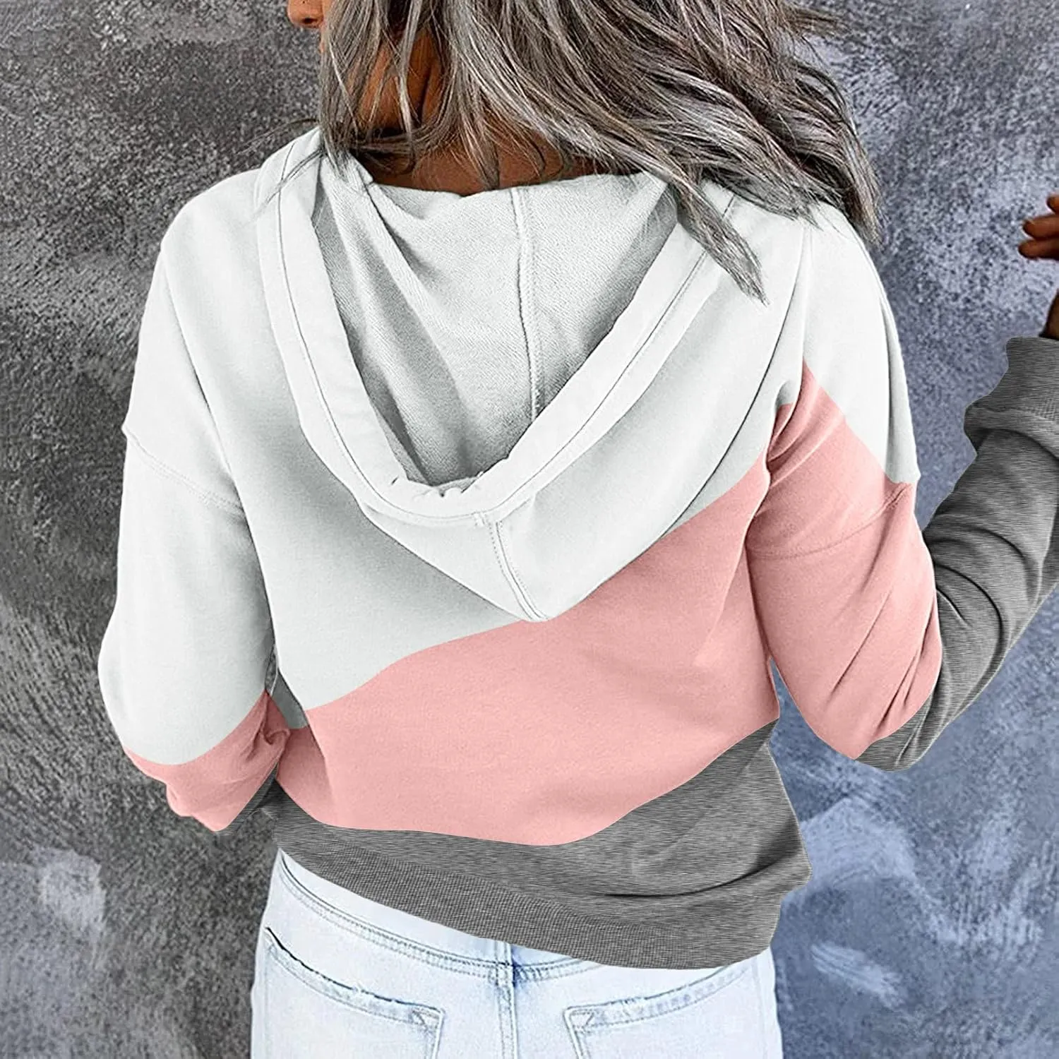 Women's Casual Long Sleeve Hoodies Color Block Button Down Hooded Drawstring Pullover Sweatshirt Tops with Pocket