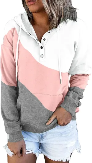 Women's Casual Long Sleeve Hoodies Color Block Button Down Hooded Drawstring Pullover Sweatshirt Tops with Pocket