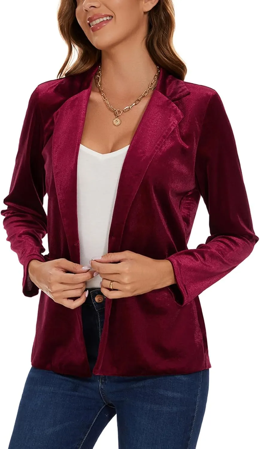 Women's Casual Velvet Blazer Work Office Long Sleeve Lapel Button Tailored Jacket Coat Blazer with Pockets