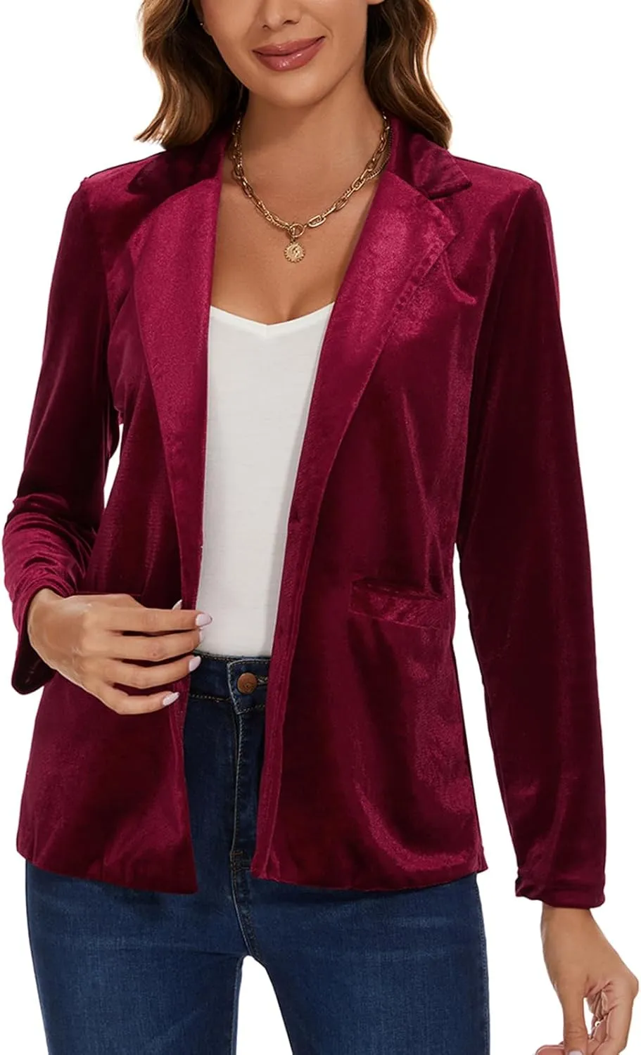 Women's Casual Velvet Blazer Work Office Long Sleeve Lapel Button Tailored Jacket Coat Blazer with Pockets