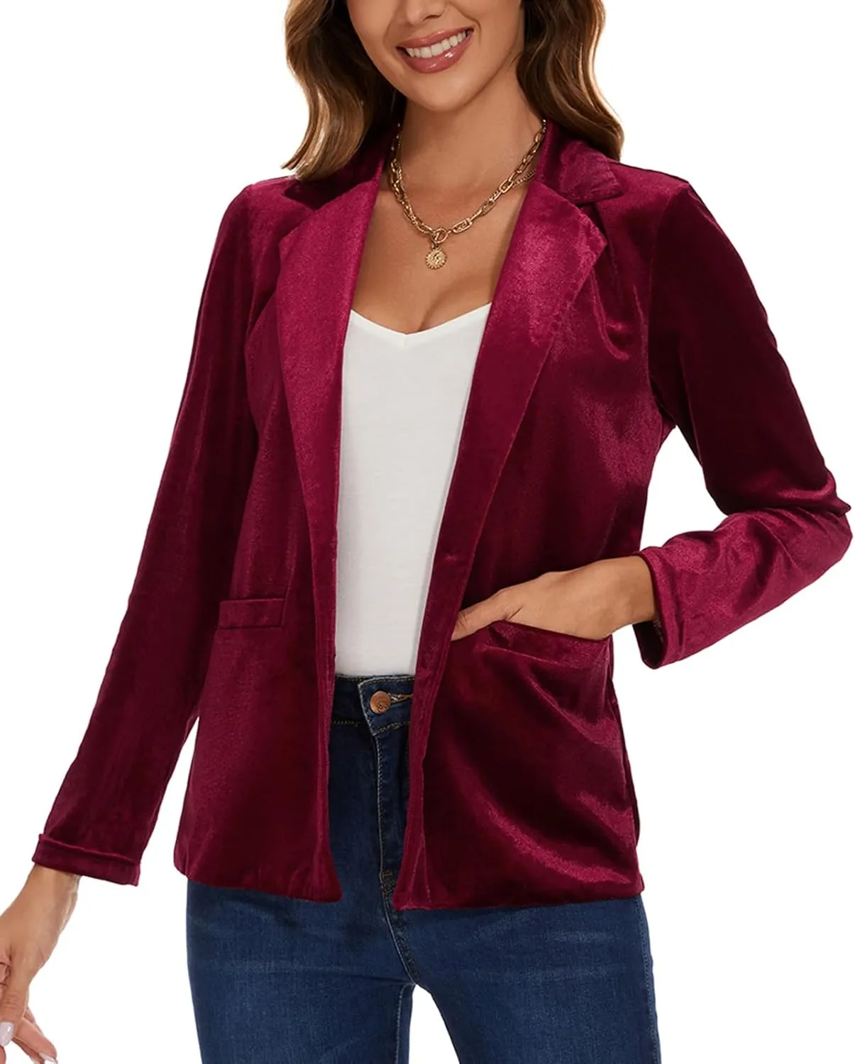 Women's Casual Velvet Blazer Work Office Long Sleeve Lapel Button Tailored Jacket Coat Blazer with Pockets