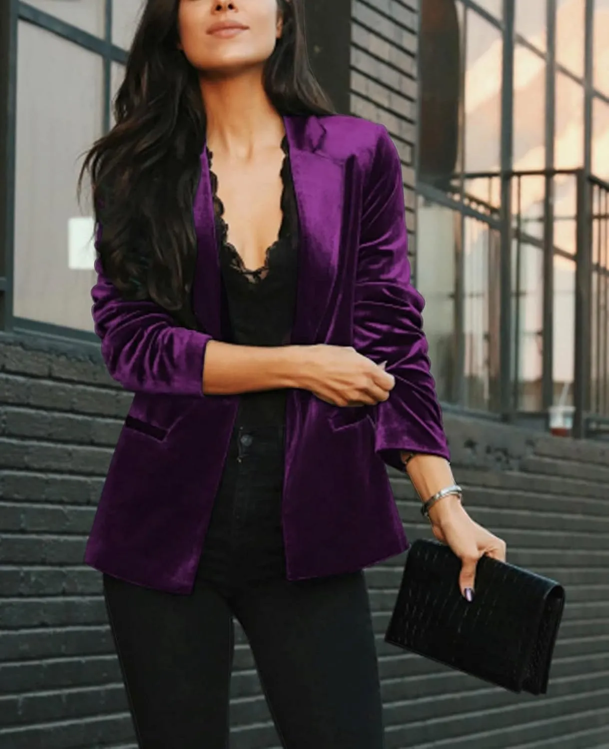 Women's Casual Velvet Blazer Work Office Long Sleeve Lapel Button Tailored Jacket Coat Blazer with Pockets