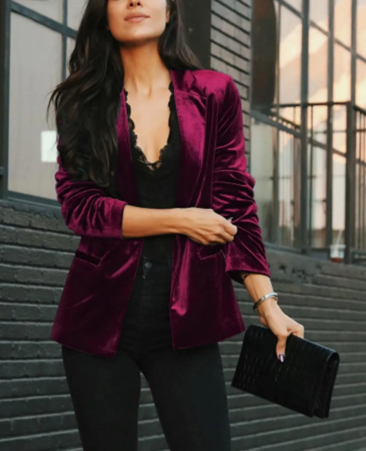 Women's Casual Velvet Blazer Work Office Long Sleeve Lapel Button Tailored Jacket Coat Blazer with Pockets