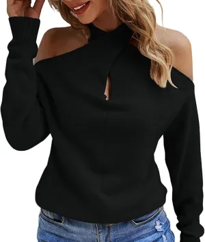 Women's Cold Shoulder Sweaters Cross Halter Neck Long Sleeve Soft Knit Sexy Pullover Sweater(M-Black)