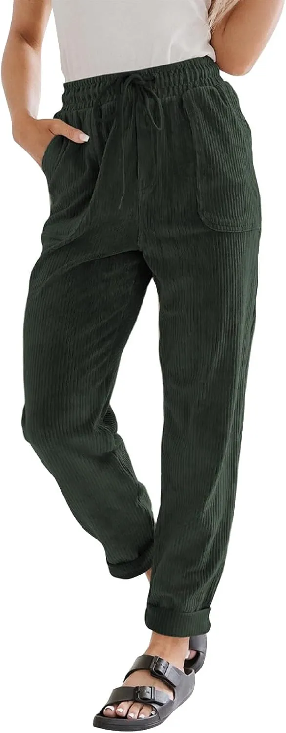 Womens Corduroy Pants Soft Drawstring High Waisted Wide Leg Pants Casual Baggy Cropped Lounge Pants with Pockets