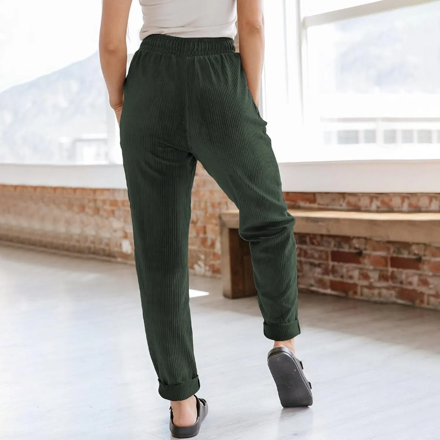 Womens Corduroy Pants Soft Drawstring High Waisted Wide Leg Pants Casual Baggy Cropped Lounge Pants with Pockets