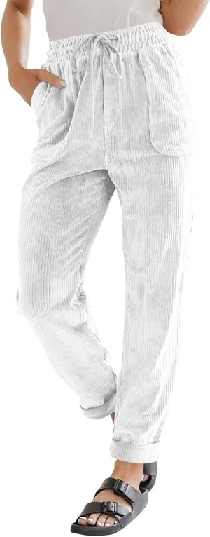 Womens Corduroy Pants Soft Drawstring High Waisted Wide Leg Pants Casual Baggy Cropped Lounge Pants with Pockets
