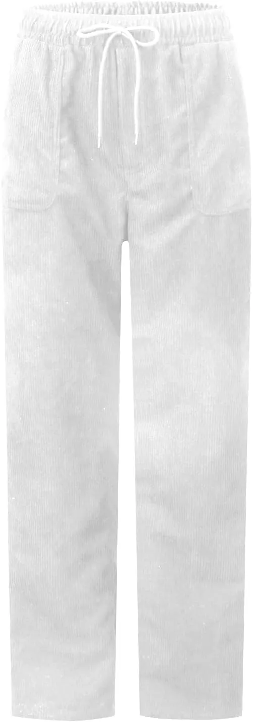 Womens Corduroy Pants Soft Drawstring High Waisted Wide Leg Pants Casual Baggy Cropped Lounge Pants with Pockets