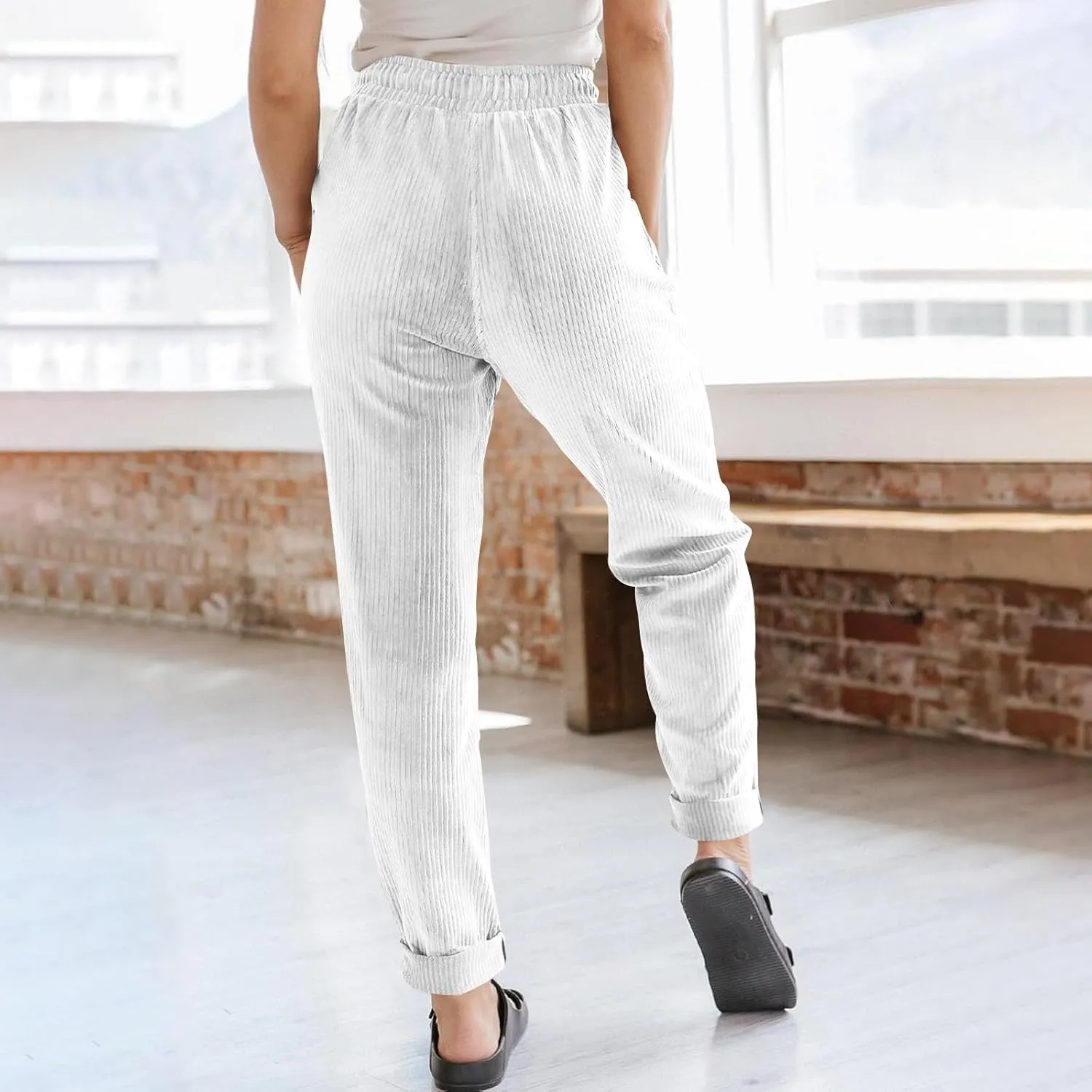 Womens Corduroy Pants Soft Drawstring High Waisted Wide Leg Pants Casual Baggy Cropped Lounge Pants with Pockets