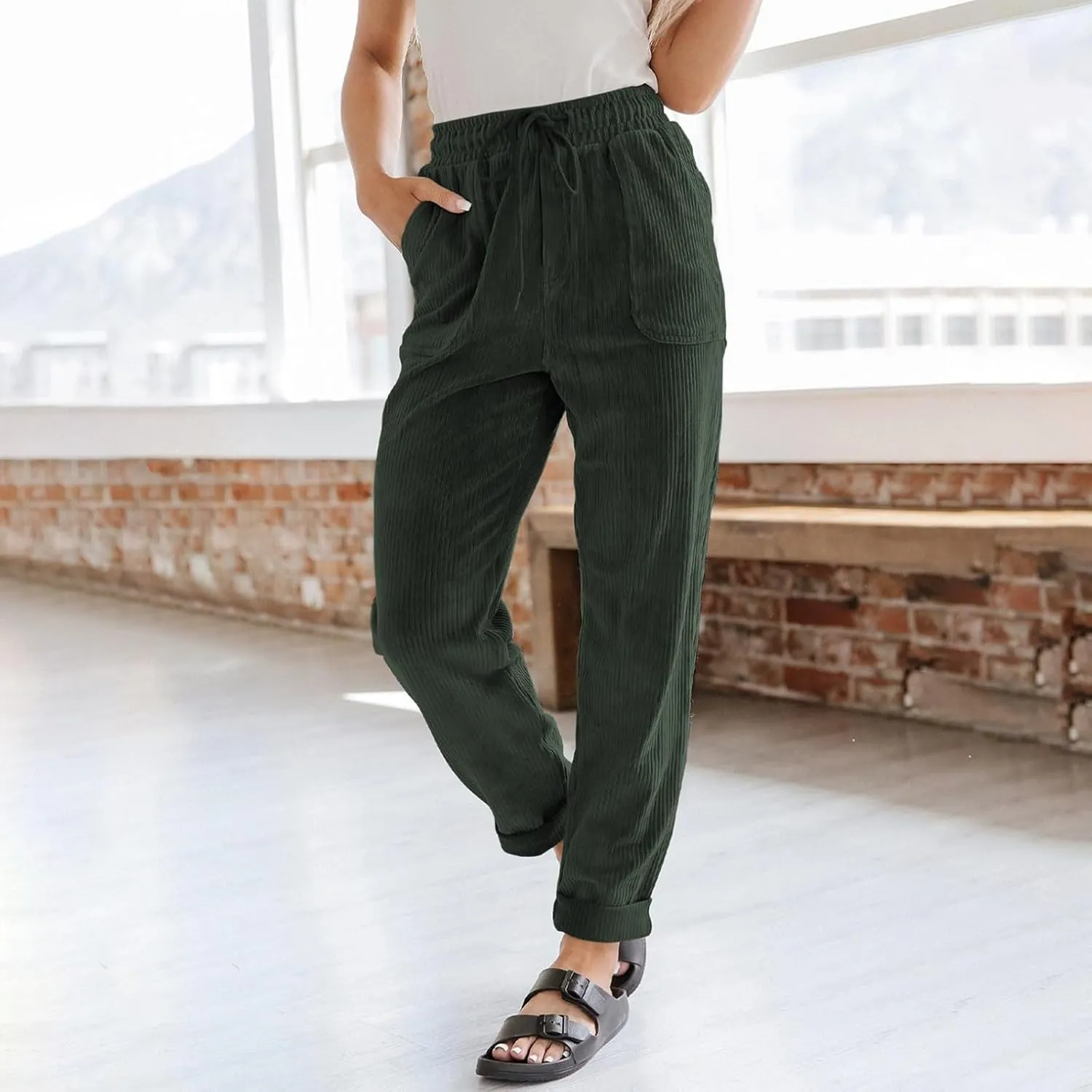 Womens Corduroy Pants Soft Drawstring High Waisted Wide Leg Pants Casual Baggy Cropped Lounge Pants with Pockets