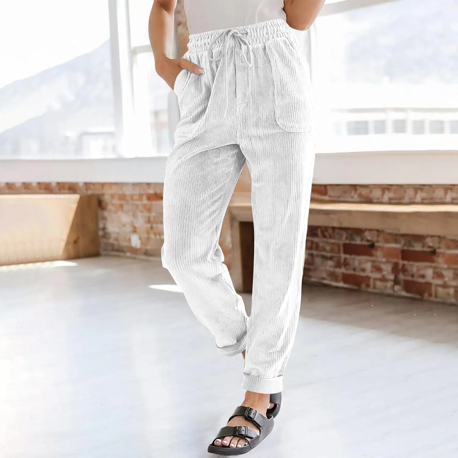 Womens Corduroy Pants Soft Drawstring High Waisted Wide Leg Pants Casual Baggy Cropped Lounge Pants with Pockets