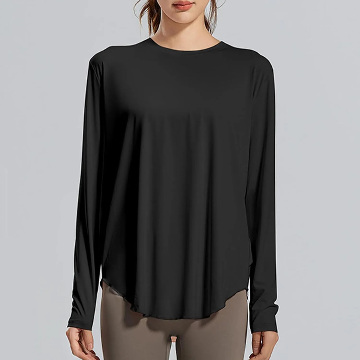 Womens Curved Hem Long Sleeve Workout Tops Trendy Casual Loose Fit Athletic Yoga Gym Shirts Quick-Dry Tshirt Tee