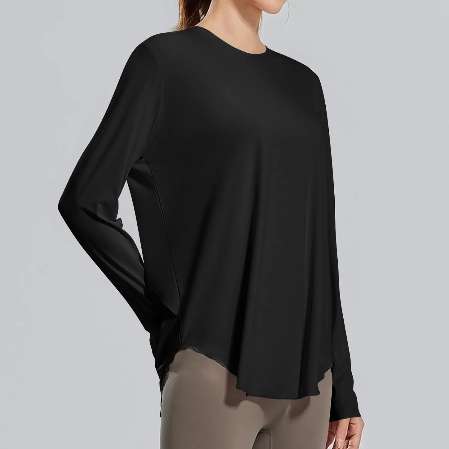 Womens Curved Hem Long Sleeve Workout Tops Trendy Casual Loose Fit Athletic Yoga Gym Shirts Quick-Dry Tshirt Tee