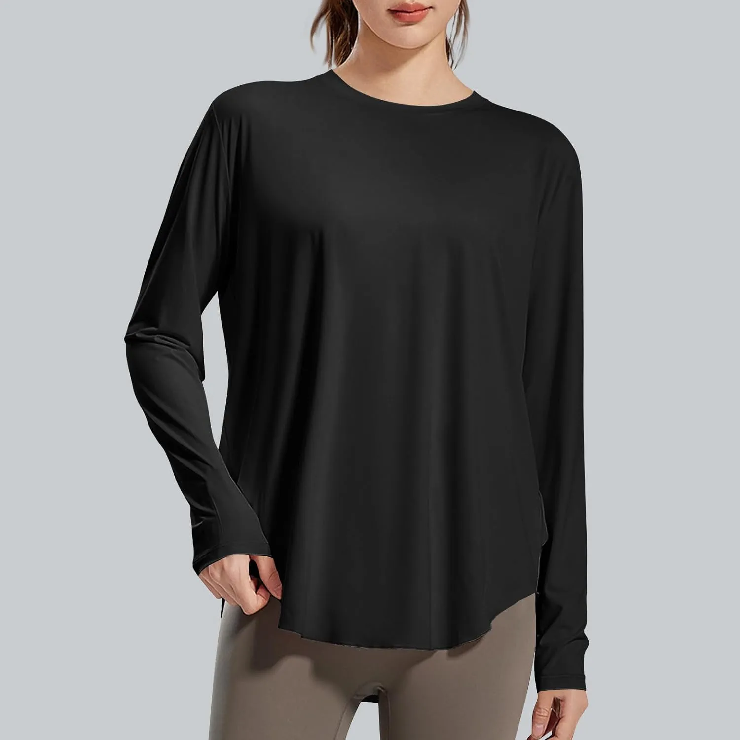 Womens Curved Hem Long Sleeve Workout Tops Trendy Casual Loose Fit Athletic Yoga Gym Shirts Quick-Dry Tshirt Tee