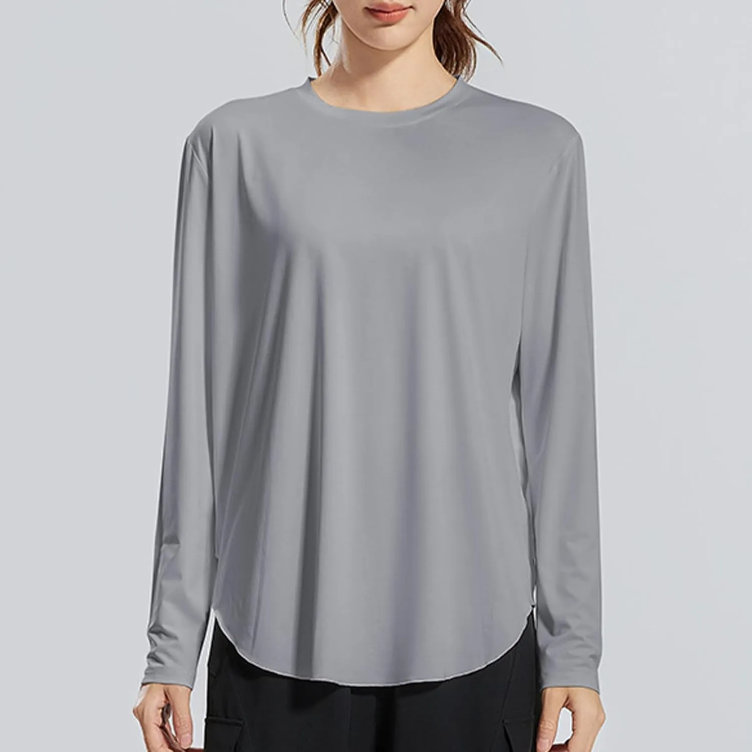 Womens Curved Hem Long Sleeve Workout Tops Trendy Casual Loose Fit Athletic Yoga Gym Shirts Quick-Dry Tshirt Tee