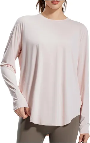 Womens Curved Hem Long Sleeve Workout Tops Trendy Casual Loose Fit Athletic Yoga Gym Shirts Quick-Dry Tshirt Tee