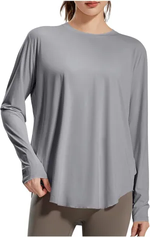 Womens Curved Hem Long Sleeve Workout Tops Trendy Casual Loose Fit Athletic Yoga Gym Shirts Quick-Dry Tshirt Tee