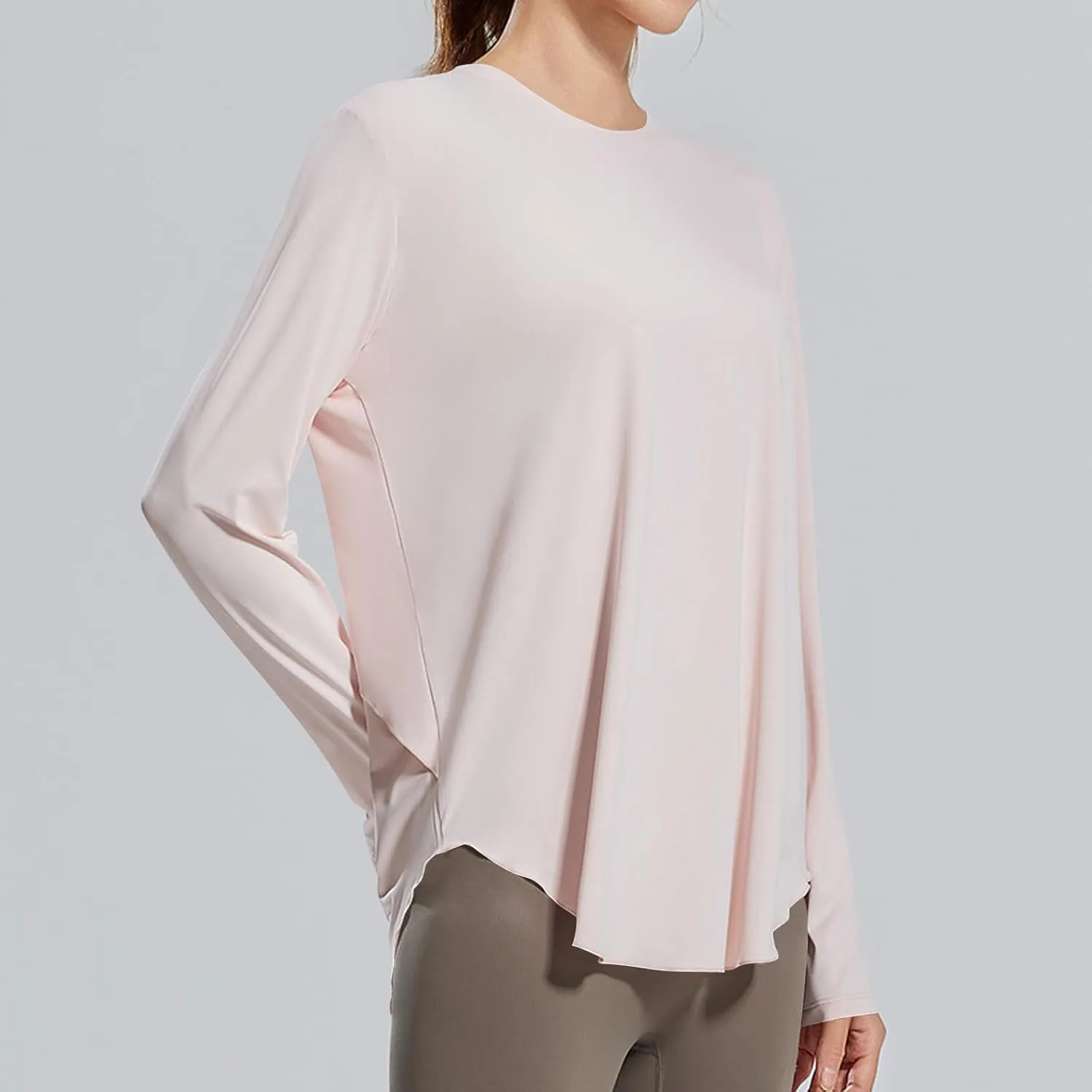 Womens Curved Hem Long Sleeve Workout Tops Trendy Casual Loose Fit Athletic Yoga Gym Shirts Quick-Dry Tshirt Tee