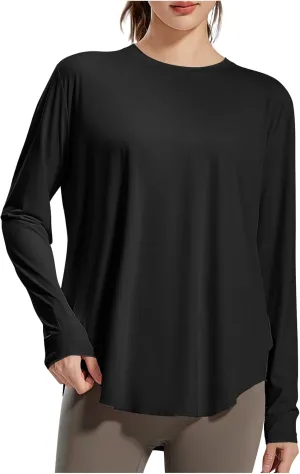 Womens Curved Hem Long Sleeve Workout Tops Trendy Casual Loose Fit Athletic Yoga Gym Shirts Quick-Dry Tshirt Tee