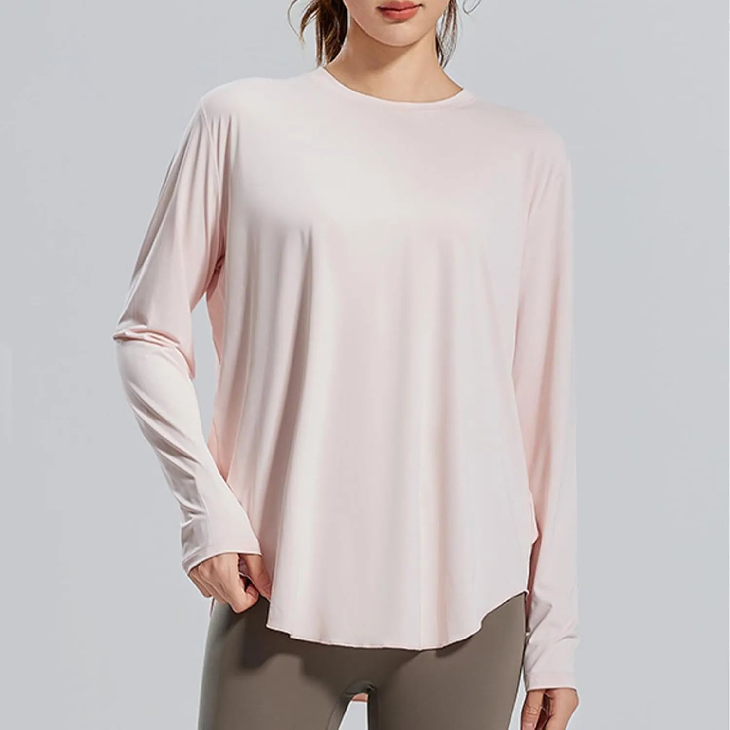 Womens Curved Hem Long Sleeve Workout Tops Trendy Casual Loose Fit Athletic Yoga Gym Shirts Quick-Dry Tshirt Tee