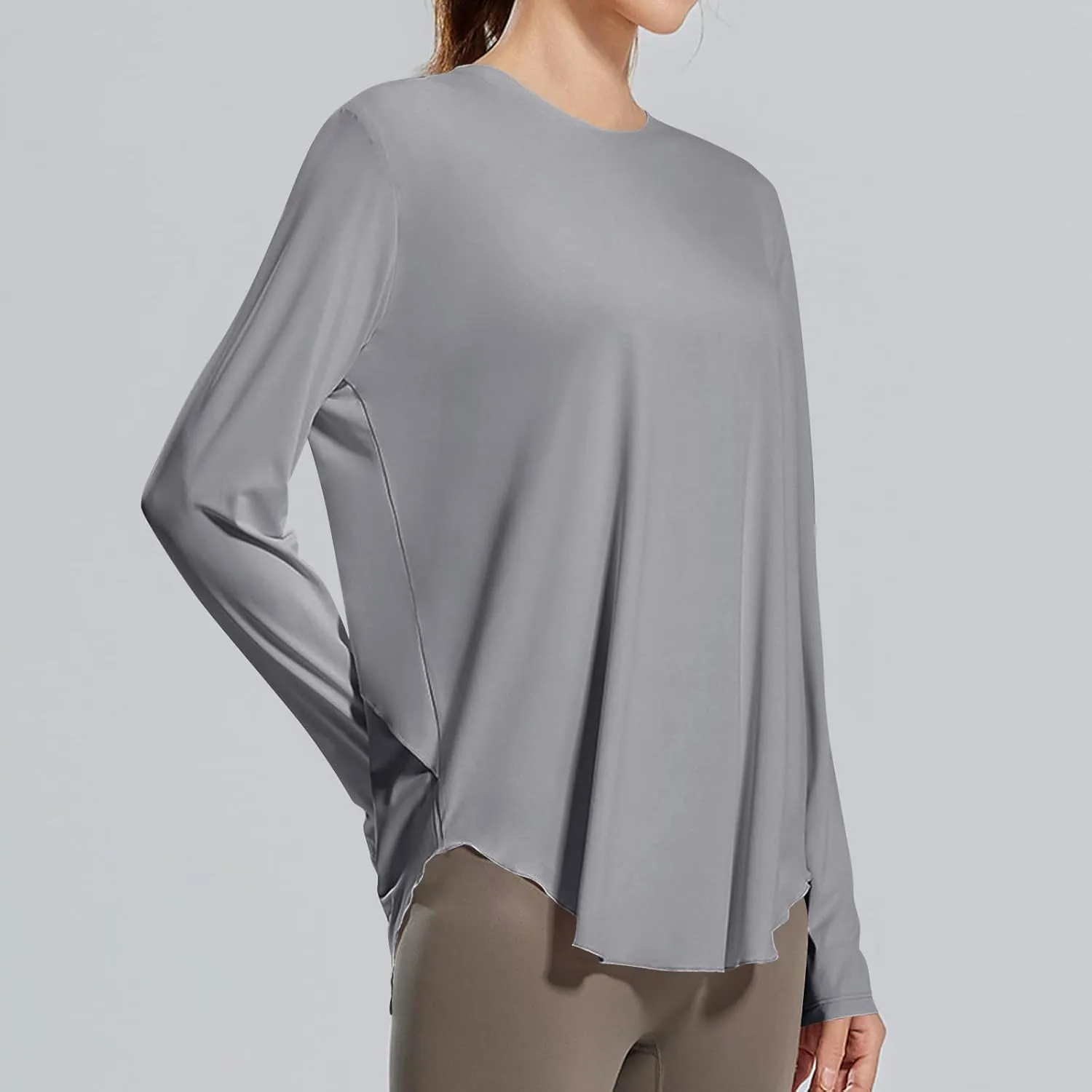 Womens Curved Hem Long Sleeve Workout Tops Trendy Casual Loose Fit Athletic Yoga Gym Shirts Quick-Dry Tshirt Tee