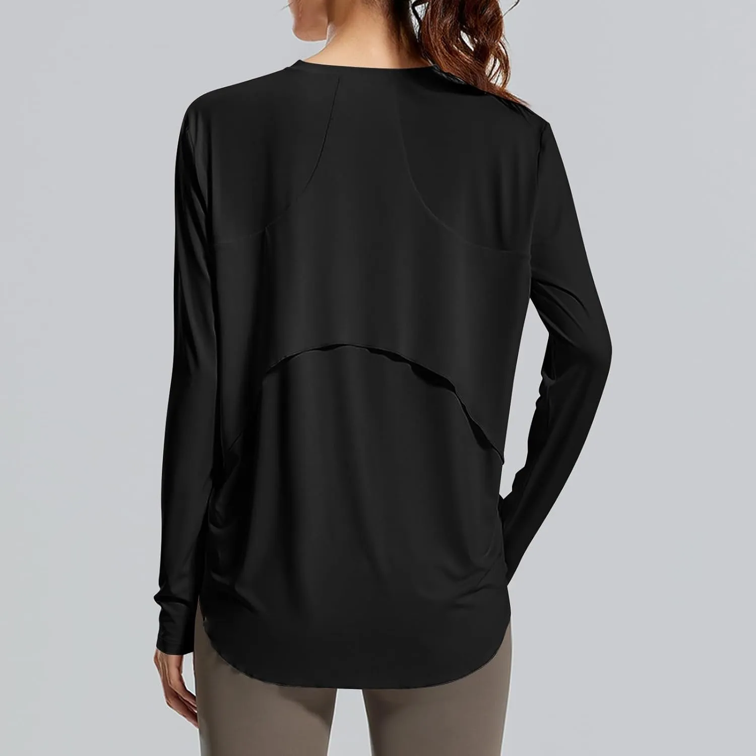 Womens Curved Hem Long Sleeve Workout Tops Trendy Casual Loose Fit Athletic Yoga Gym Shirts Quick-Dry Tshirt Tee