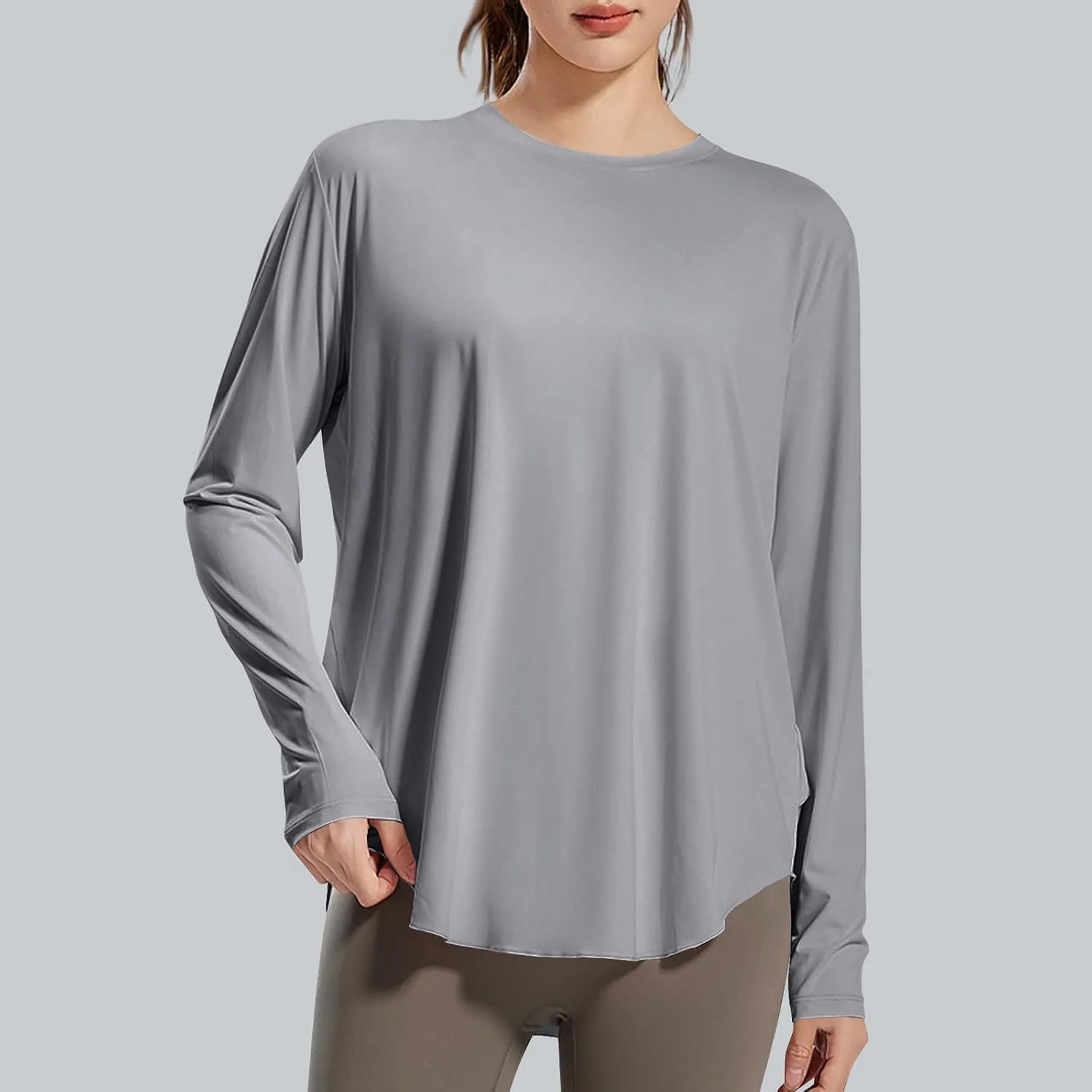 Womens Curved Hem Long Sleeve Workout Tops Trendy Casual Loose Fit Athletic Yoga Gym Shirts Quick-Dry Tshirt Tee