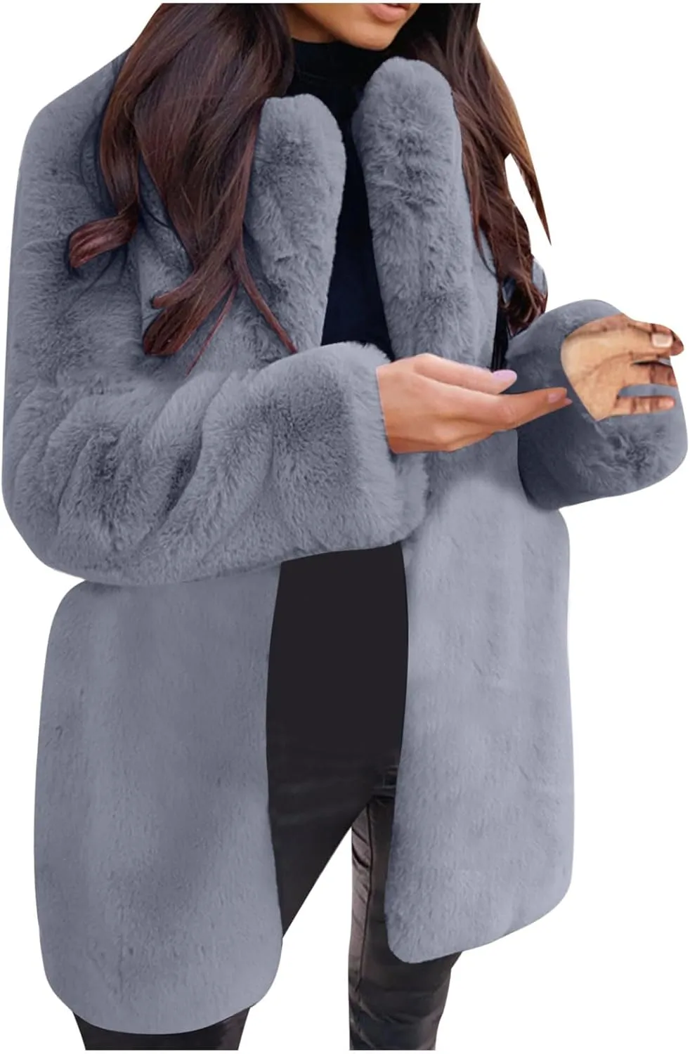 Women's Fashion Cropped Faux Fur Jacket Long Sleeve Open Front Cardigan Casual Fluffy Parka Shaggy Classic Short Coat