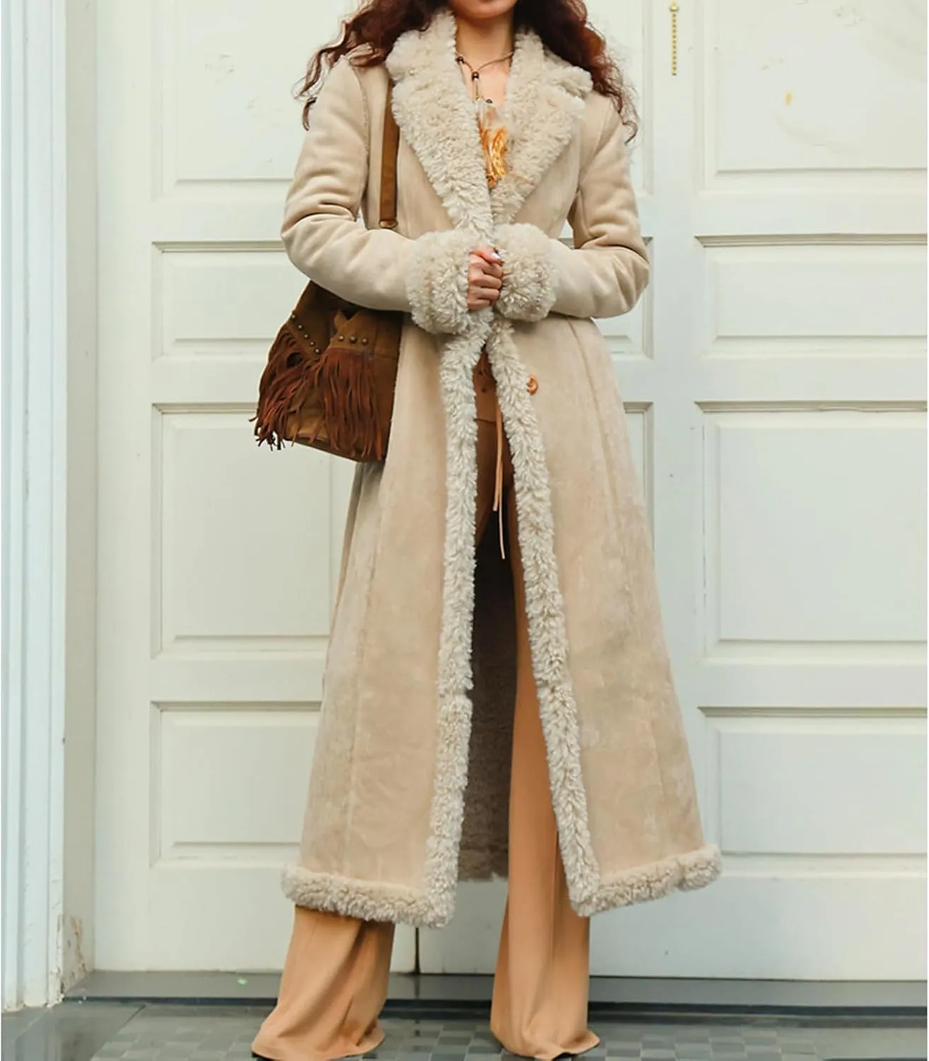 Womens Faux Fur Coat Sherpa Lined Fuzzy Fleece Jacket Lapel Button Oversized Long Jacket Warm Winter Coat Outerwear
