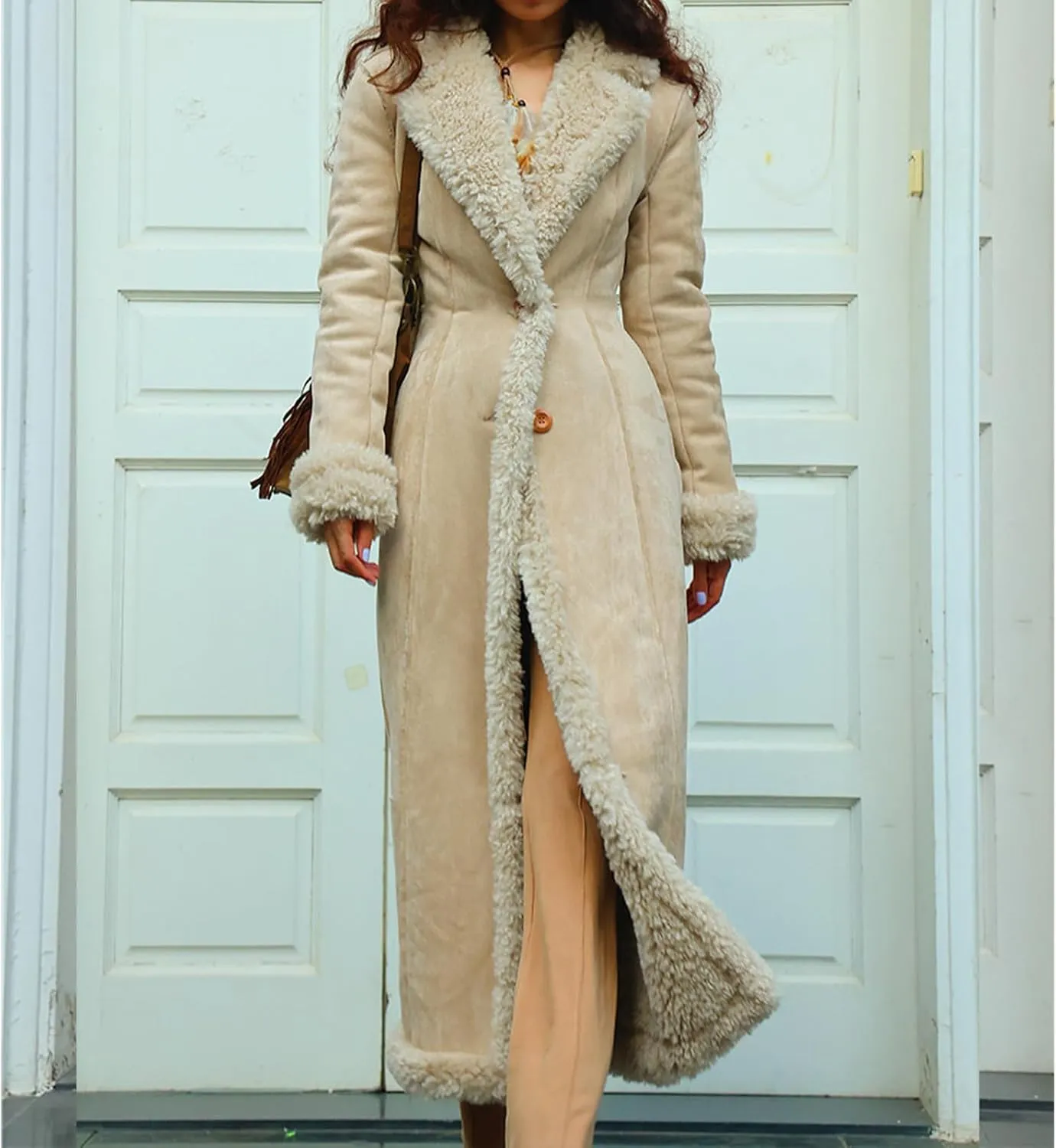 Womens Faux Fur Coat Sherpa Lined Fuzzy Fleece Jacket Lapel Button Oversized Long Jacket Warm Winter Coat Outerwear