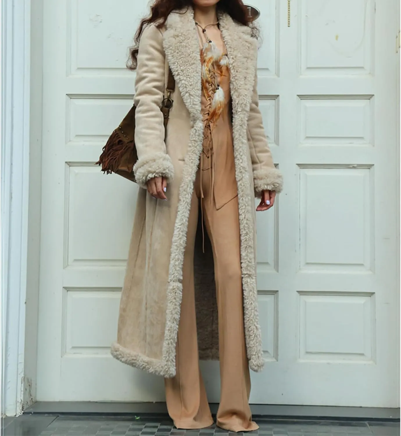 Womens Faux Fur Coat Sherpa Lined Fuzzy Fleece Jacket Lapel Button Oversized Long Jacket Warm Winter Coat Outerwear