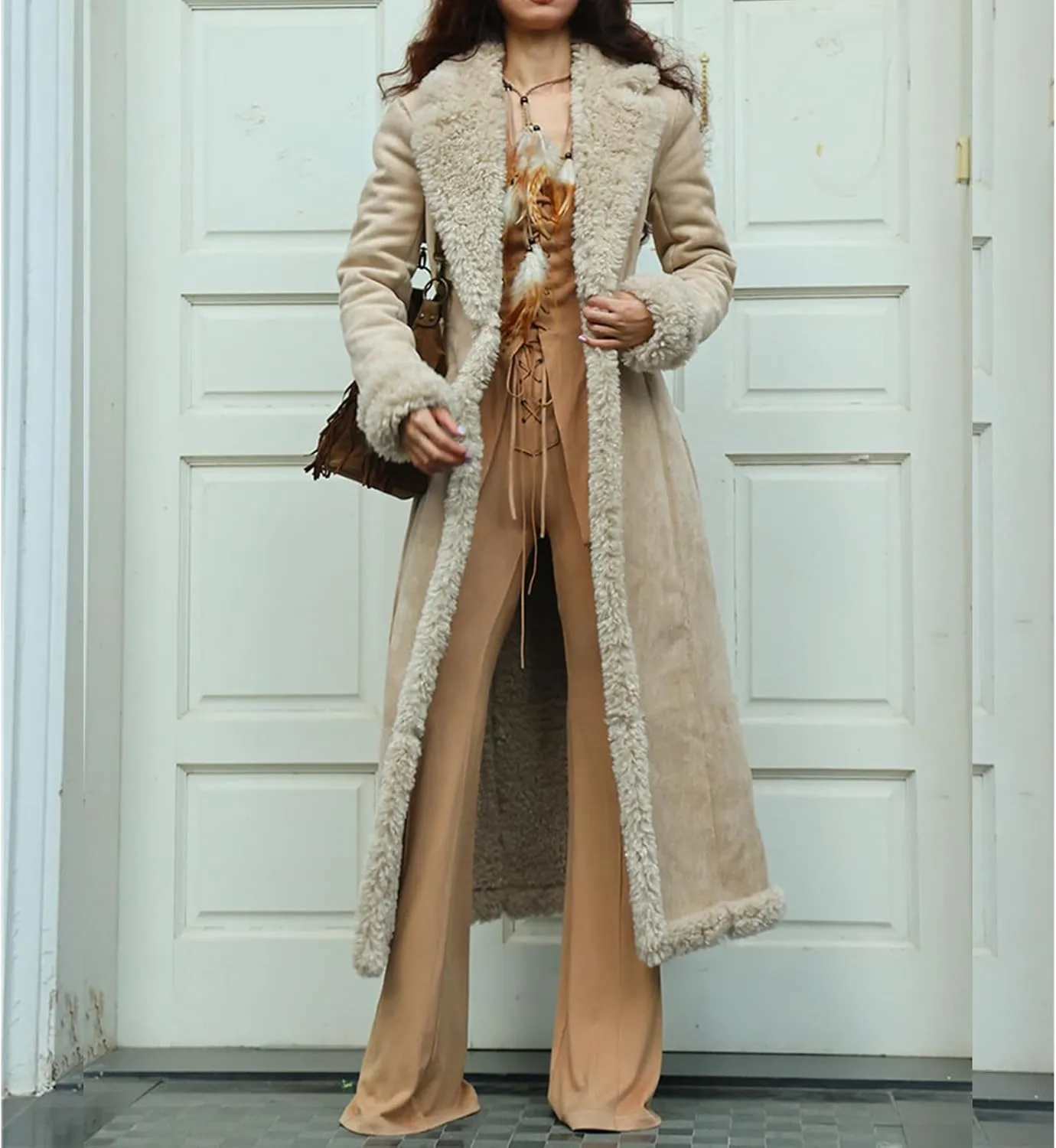 Womens Faux Fur Coat Sherpa Lined Fuzzy Fleece Jacket Lapel Button Oversized Long Jacket Warm Winter Coat Outerwear