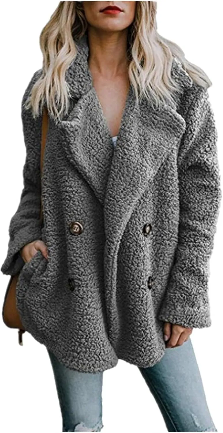Womens Faux Shearling Jacket Casual Lapel Fleece Fuzzy Coat Winter Warm Shaggy Oversized Outwear Fluffy Cardigan Coat