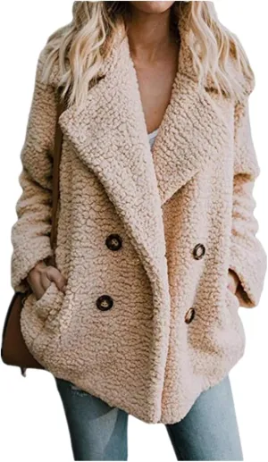 Womens Faux Shearling Jacket Casual Lapel Fleece Fuzzy Coat Winter Warm Shaggy Oversized Outwear Fluffy Cardigan Coat