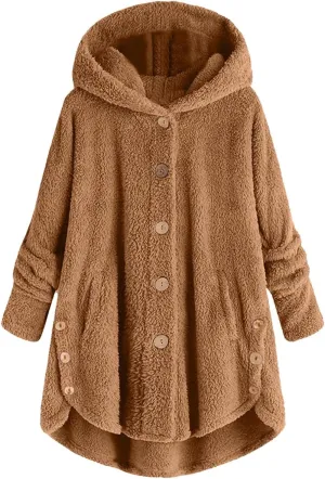 Women's Fleece Jackets Button Down Fuzzy Sherpa Lined Hooded Cardigans Jacket Casual Open Front Warm Plush Outwear