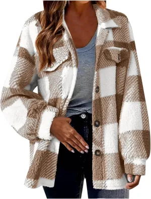 Womens Fleece Jackets Casual Flannel Plaid Shacket Coat Button Down Lapel Collared Sherpa Jacket Cardigan with Pocket