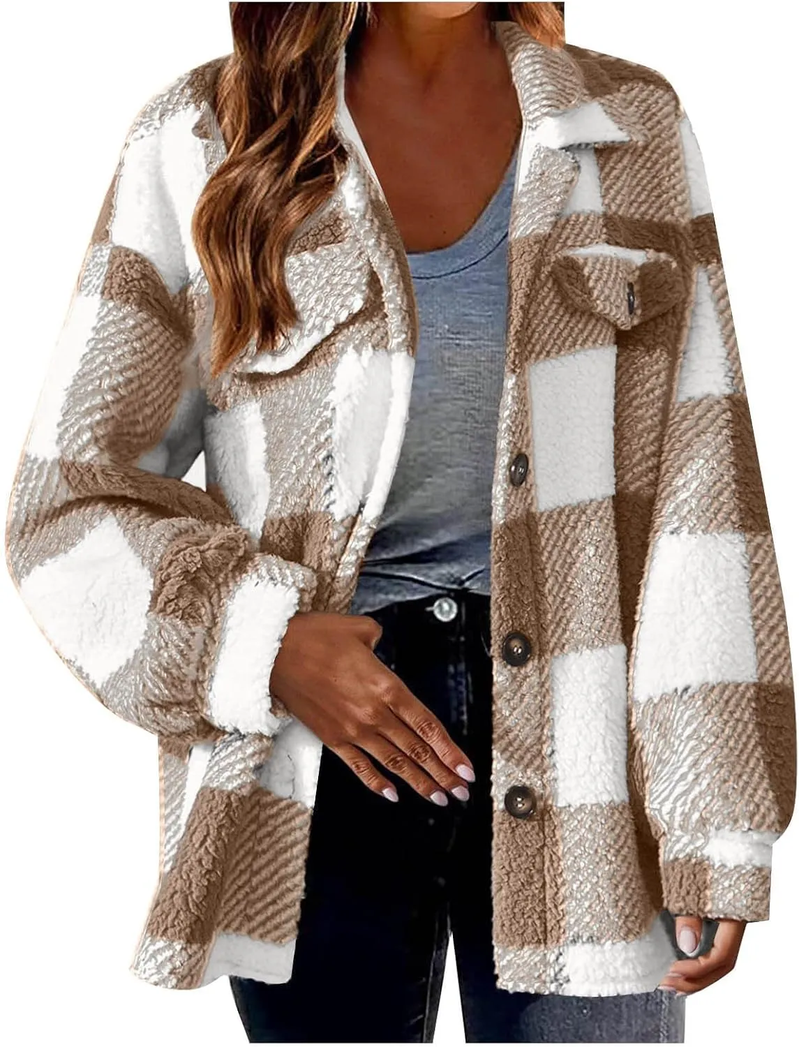 Womens Fleece Jackets Casual Flannel Plaid Shacket Coat Button Down Lapel Collared Sherpa Jacket Cardigan with Pocket