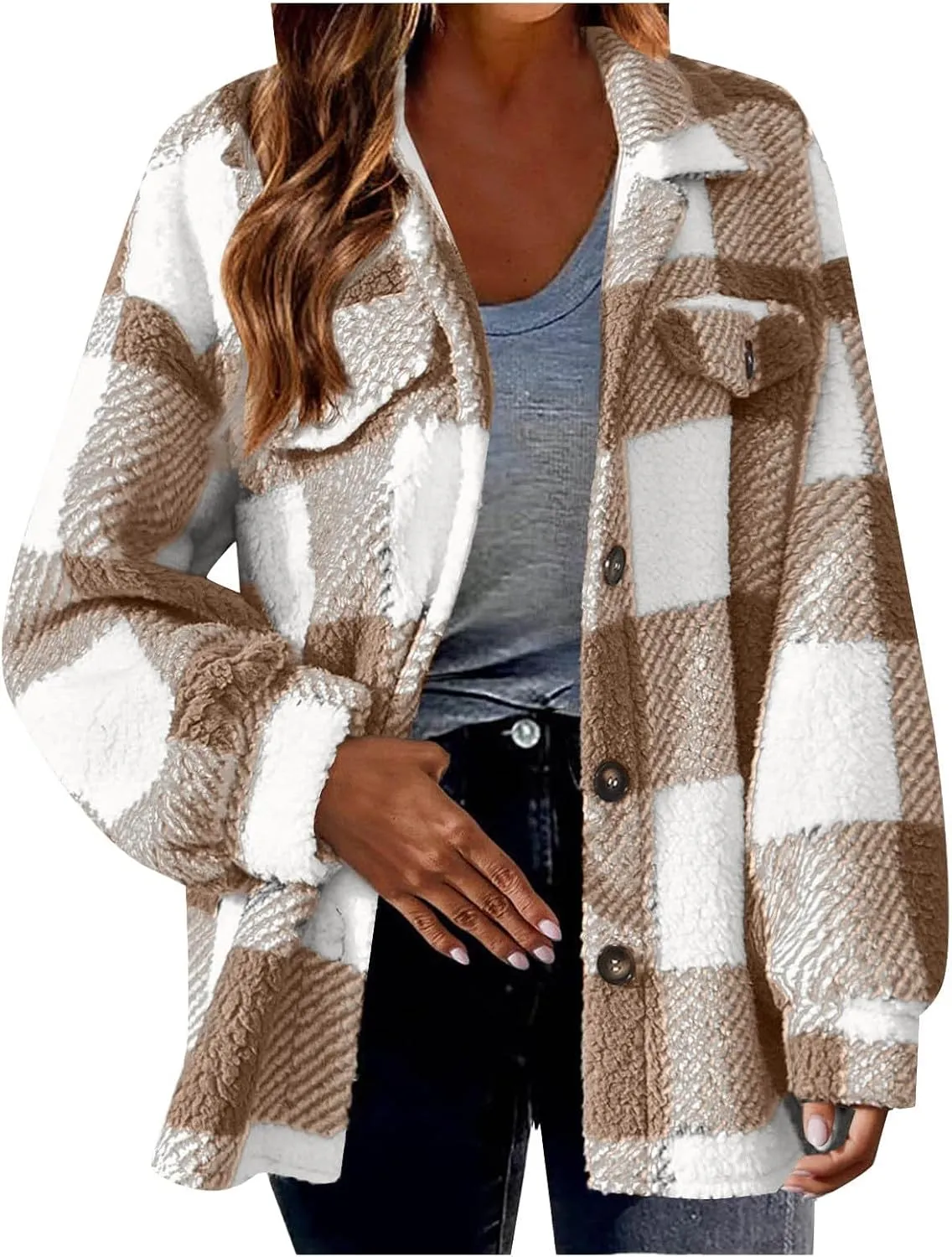 Womens Fleece Jackets Casual Flannel Plaid Shacket Coat Button Down Lapel Collared Sherpa Jacket Cardigan with Pocket
