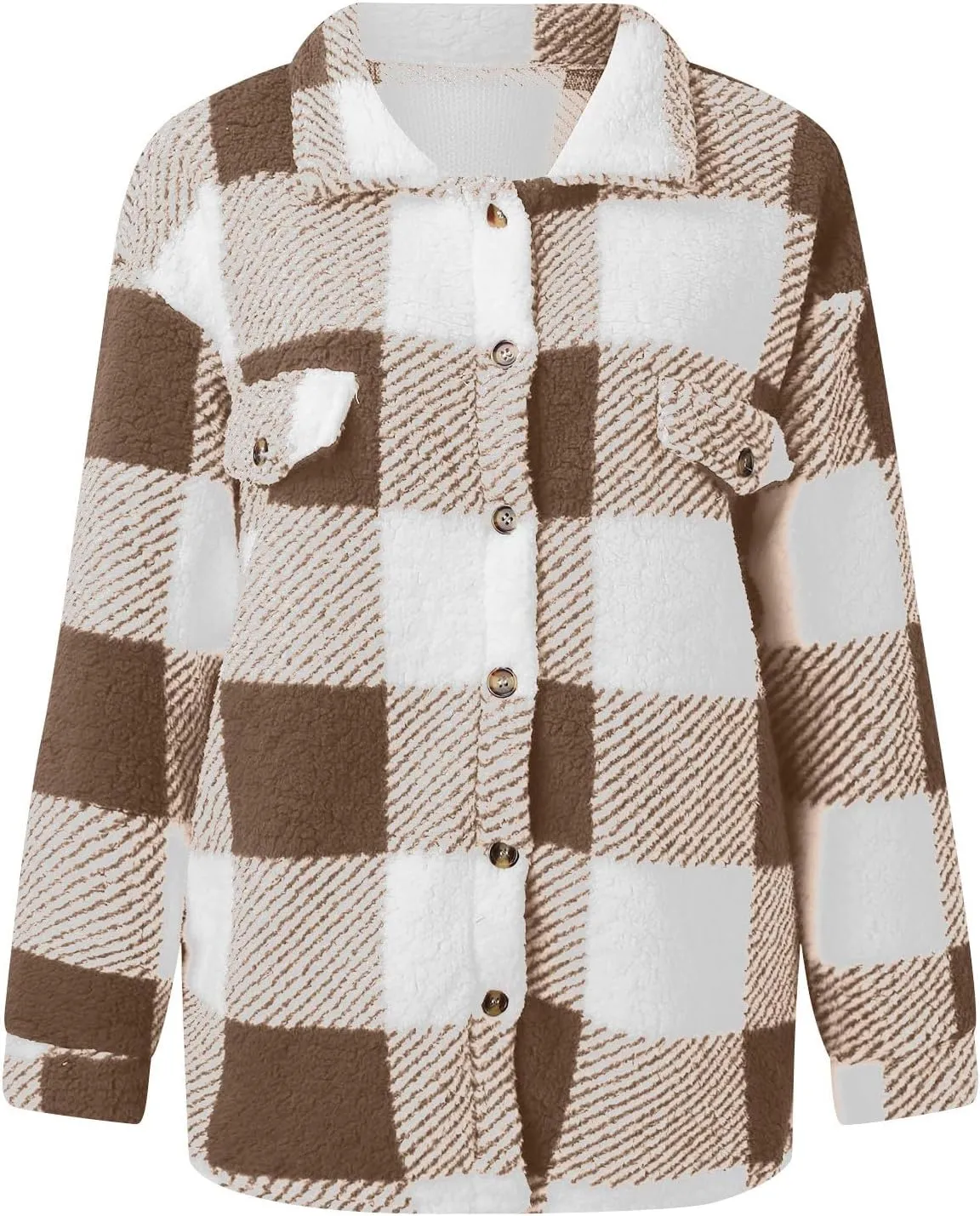 Womens Fleece Jackets Casual Flannel Plaid Shacket Coat Button Down Lapel Collared Sherpa Jacket Cardigan with Pocket
