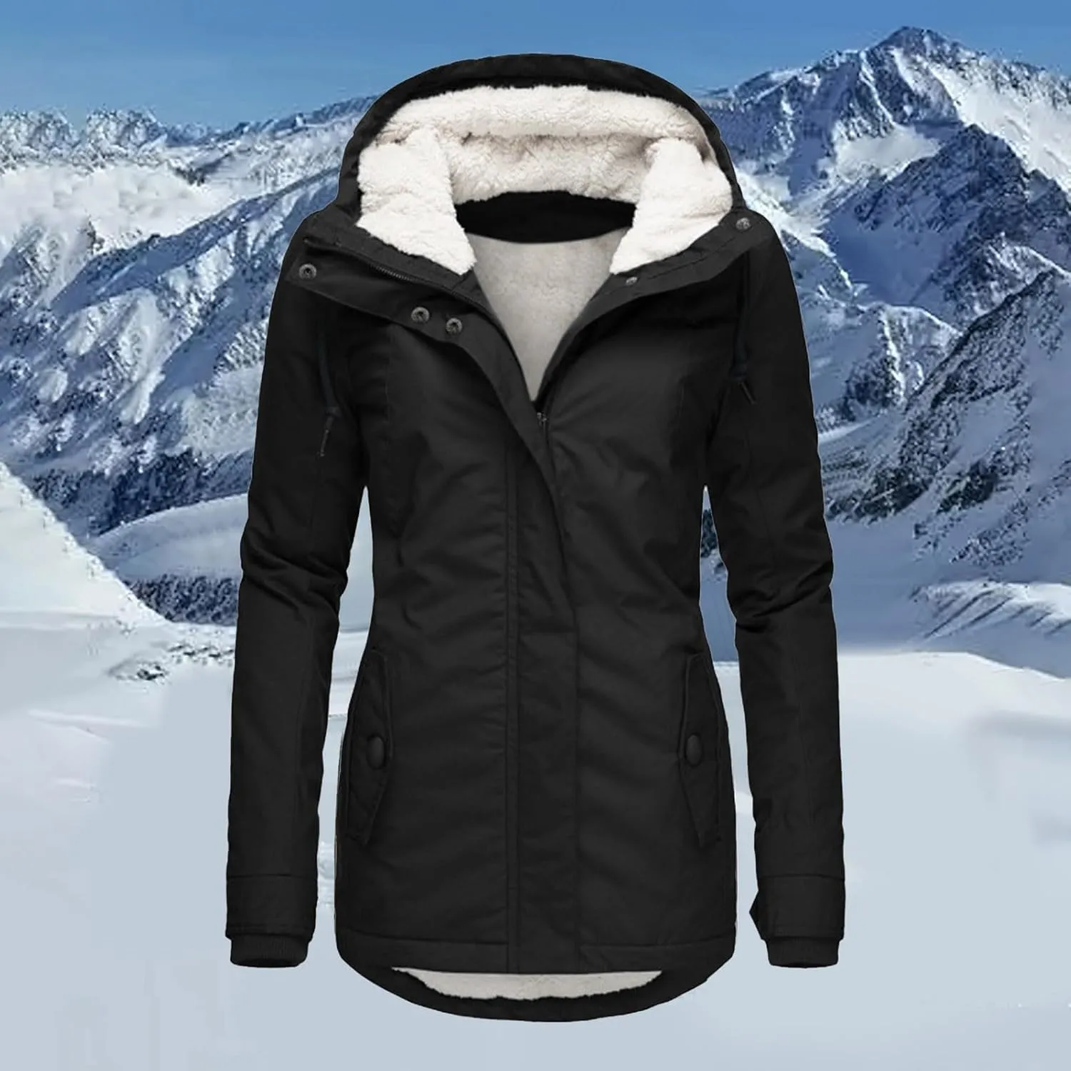 Women's Fleece Jackets Thickened Sherpa Lined Warm Winter Jacket Full Zip Up Slim Fit Solid Color Hooded Tops Outwear