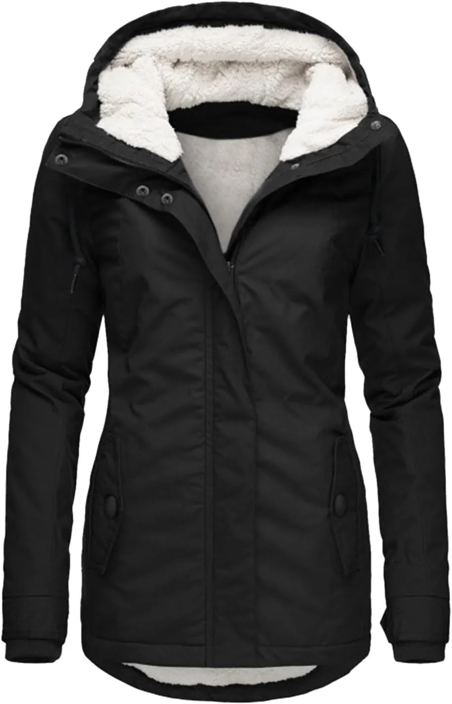 Women's Fleece Jackets Thickened Sherpa Lined Warm Winter Jacket Full Zip Up Slim Fit Solid Color Hooded Tops Outwear