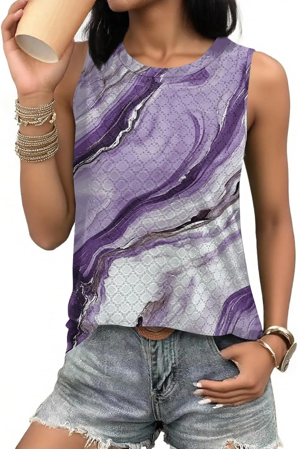 Womens Flower Print Crewneck Tank Tops Graphic Curved Hem Sleeveless Tops Summer Casual Loose Fit Shirts 2025