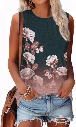 Womens Flower Print Crewneck Tank Tops Graphic Curved Hem Sleeveless Tops Summer Casual Loose Fit Shirts 2025