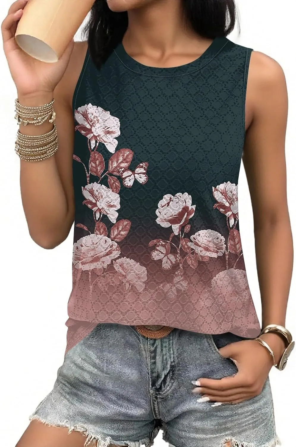 Womens Flower Print Crewneck Tank Tops Graphic Curved Hem Sleeveless Tops Summer Casual Loose Fit Shirts 2025