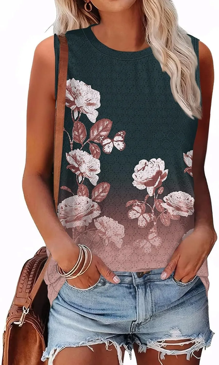 Womens Flower Print Crewneck Tank Tops Graphic Curved Hem Sleeveless Tops Summer Casual Loose Fit Shirts 2025