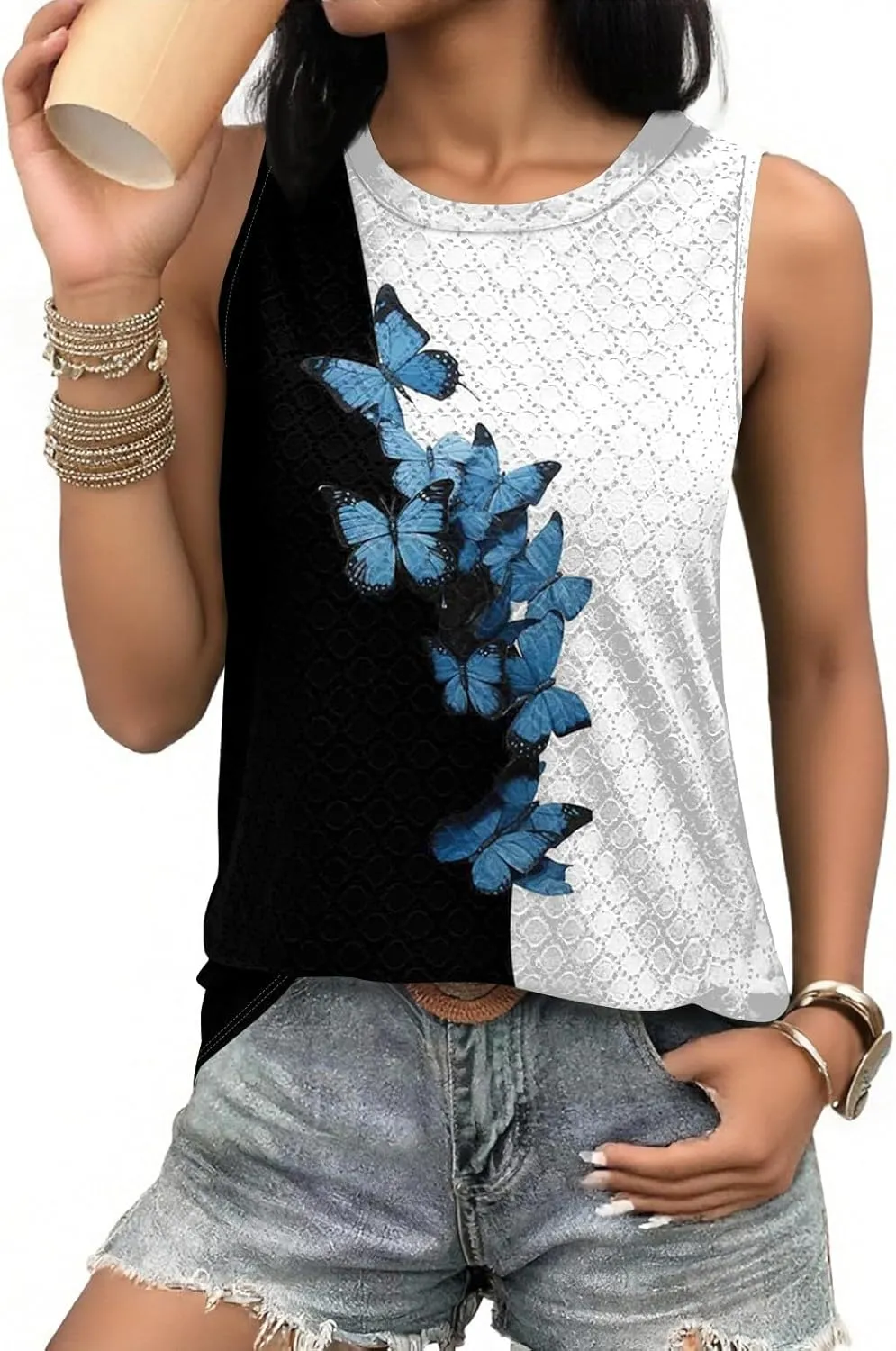 Womens Flower Print Crewneck Tank Tops Graphic Curved Hem Sleeveless Tops Summer Casual Loose Fit Shirts 2025