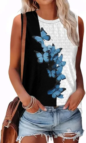 Womens Flower Print Crewneck Tank Tops Graphic Curved Hem Sleeveless Tops Summer Casual Loose Fit Shirts 2025