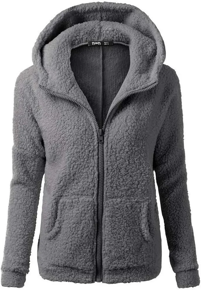 Womens Fuzzy Fleece Jacket Sherpa Lined Slim Fit Zip Up Hooded Sweatshirts Long Sleeve Warm Winter Cardigans Jackets