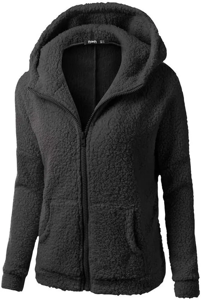 Womens Fuzzy Fleece Jacket Sherpa Lined Slim Fit Zip Up Hooded Sweatshirts Long Sleeve Warm Winter Cardigans Jackets